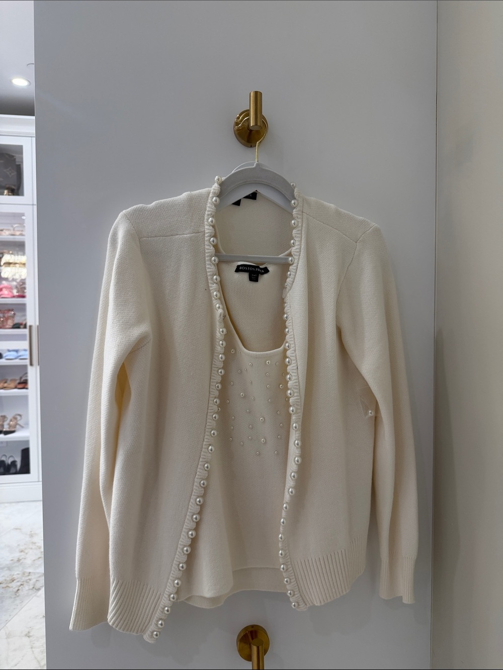 Boston Proper Cream Pearl-Trim Cardigan & Shell Set